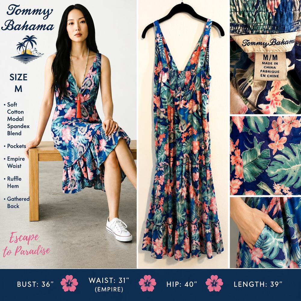Tommy Bahama Tropical Floral Dress M Blue Pink Modal Cotton Pockets Empire Waist